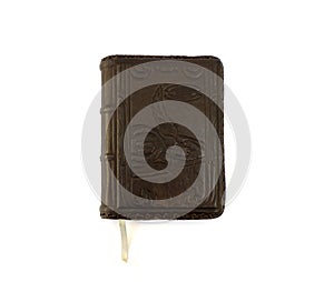 Notepad in dark brown genuine leather covers on a white background.