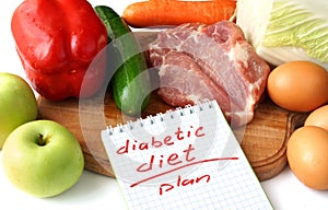 Notepad with diabetic diet and raw organic food. photo