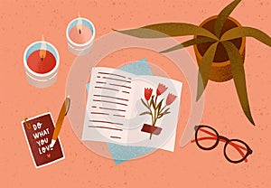 Notepad or diary with dry beautiful flower and writing text surrounded by cosiness things on desk vector flat