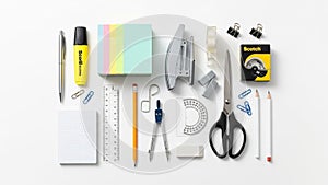 Notepad with grid paper a compass for drawing and binder clips are