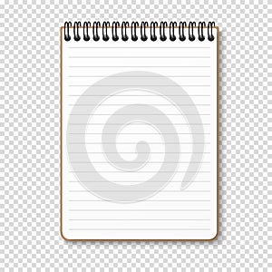 Notepad with a horizontal spring spiral. Notebook with lined white sheet. Vector illustration on a transparent background