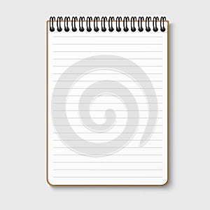 Notepad with a horizontal spring spiral. Notebook with a white lined sheet. Isolated vector illustration on a gray background
