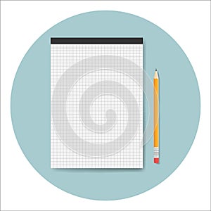 Notepad icon with pencil in a circle with shadow. Flat style, Vector