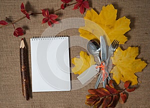 Notepad, Large pencil, spoon, fork, knife, linen napkin, autumn leaves on a textile background. Free space for your text.