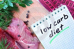 Notepad with low carb diet and fresh meat