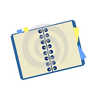 Notepad. Open notebook for writing. School book or textbook for studying.