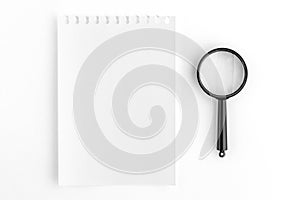 Notepad Page with Magnifying Glass. Check List Concept