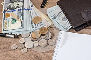 Notepad with pen calculator dollar bills on desk