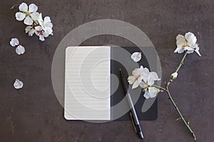 Notepad with pen and flowers of almond on a dark background. Co