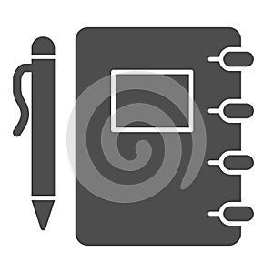 Notepad and pen solid icon, school concept, spiral notebook with pen sign on white background, pad for notes icon in
