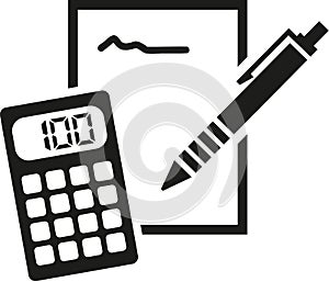 Notepad, pencil and calculator icon