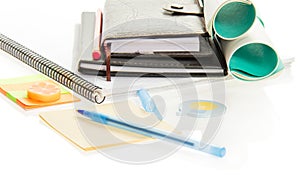 Notepad, pencil, elastic band and scratch paper