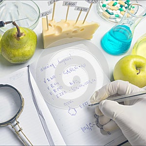 Notepad with scientific research report and blue pen on laboratory table with selective focus effect