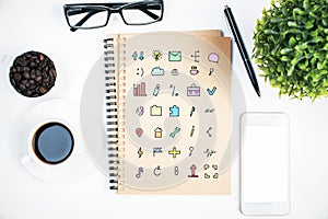 Notepad with social media icons