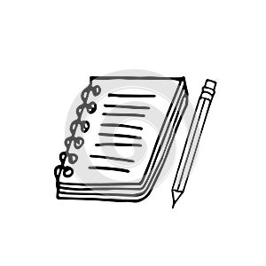 Notepad on spiral rings with pencil and notes hand drawn in doodle style. Scandinavian simple monochrome. single element, icon,