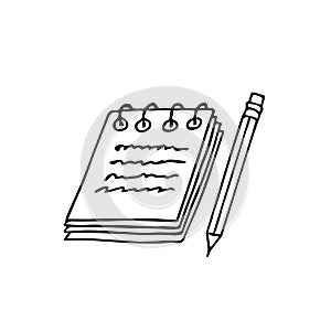 Notepad on spiral rings with pencil and notes hand drawn in doodle style. Scandinavian simple monochrome. single element, icon,