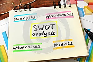 Notepad with swot analysis on a table.