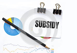Notepad with text SUBSIDY on business charts and pen