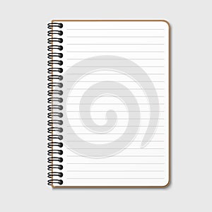 Notepad with a vertical spring spiral. Notebook with a lined sheet. Isolated vector illustration on a gray background