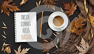 Notepad With Words Decide, Commit And Succeed, Black Autumn Background