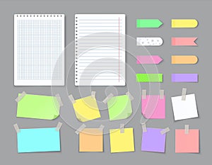 Notepaper with adhesive tape. Blank stickers with ripped edges lined with grids, colored notebook pages. Vector isolated photo