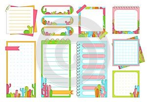 Notepaper page bookmark sticker set with cacti stationery elements planning daily planner vector