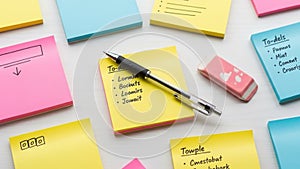 Notes arranged on a white surface featuring notes categorized
