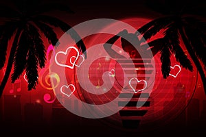 Notes, hearts, silhouette of the city and a dancing woman and palm tree on the background of the plate on a red background with