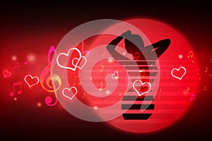 Notes, hearts and a silhouette of a dancing woman on a red background with bokeh