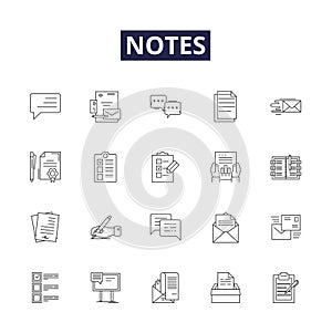 Notes line vector icons and signs. Notices, Records, Reminders, Logs, Memos, Bargains, Instructions, Postings outline
