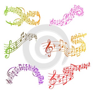 Notes music melody colorfull musician symbols sound melody text writting audio symphony vector illustration