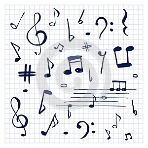 Notes. Set of musical signs. Music note doodle. Hand drawn vector illustration.