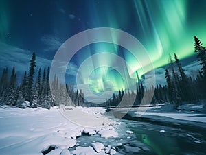 Nothern lights winter forest landscape. New Year concept