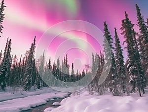 Nothern lights winter forest landscape. New Year concept