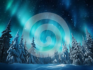 Nothern lights winter forest landscape. New Year concept