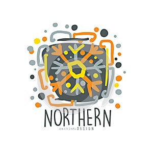 Nothern logo template, badge for nothern travel, sport, holiday, adventure colorful hand drawn vector Illustration with