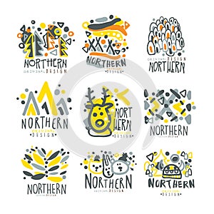 Nothern set for label design. Winter vacations, sports, active lifestyle, hunting colorful vector Illustrations