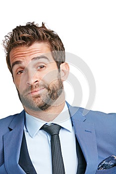 Nothing kills a career like complacency. Studio shot of a handsome businessman looking complacent against a white photo