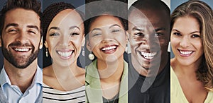 Nothing but a series of smiles. Composite image of a diverse group of smiling people.