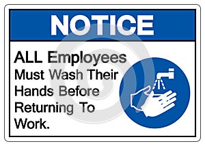 Notice ALL Employees Must Wash Their Hands Before Returning To Work Symbol Sign,Vector Illustration, Isolated On White Background