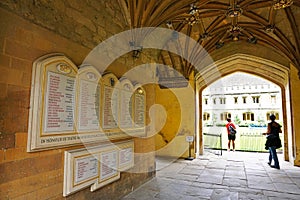 Notice board and cloisters of Magdalen College, University of Oxford