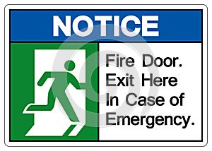 Notice Fire Door Exit Here In Case Of Emergency Symbol Sign, Vector Illustration, Isolate On White Background Label. EPS10