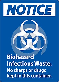 Notice Label Biohazard Infectious Waste, No Sharps Or Drugs Kept In This Container