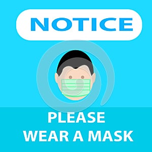 Notice or mandatory sign,for wear a mask, blue backroun