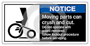 Notice Moving parts can crush and cut Do not operate with guard removed Follow Lockout Procedure Before Servicing Symbol Sign,