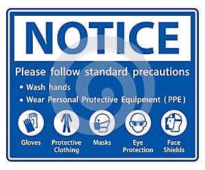 Notice Please follow standard precautions ,Wash hands,Wear Personal Protective Equipment PPE,Gloves Protective Clothing Masks Eye