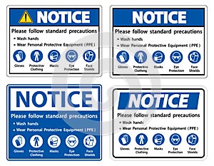 Notice Please follow standard precautions ,Wash hands,Wear Personal Protective Equipment PPE,Gloves Protective Clothing Masks Eye