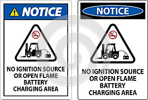 Notice Sign No Ignition Source Or Open Flame, Battery Charging Area