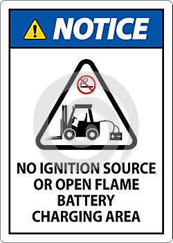 Notice Sign No Ignition Source Or Open Flame, Battery Charging Area