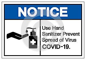 Notice Use Hand Sanitizer Prevent Spread Of Virus COVID-19 Symbol Sign ,Vector Illustration, Isolate On White Background Label. photo